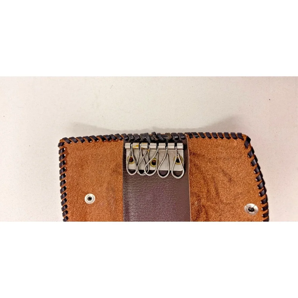 Vintage Hand Tooled Leather Key Holder Case 6 Hook Floral Western Brown Wallet